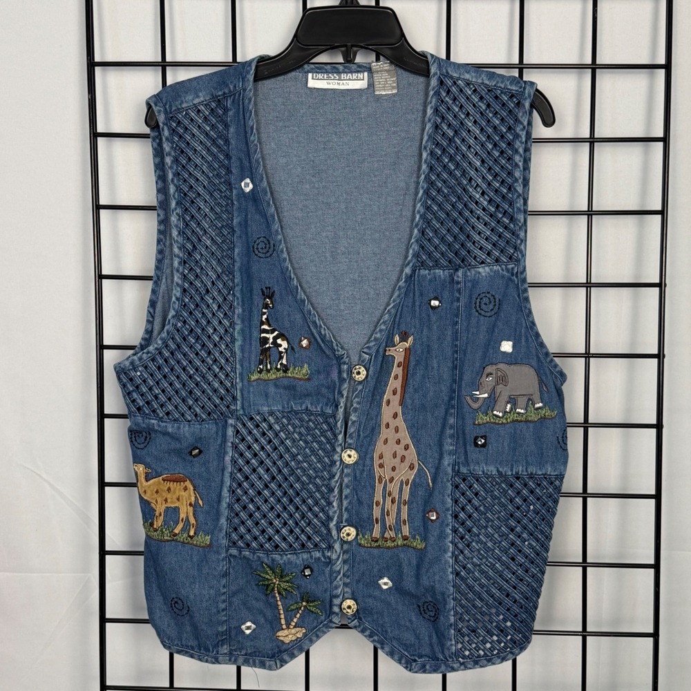 Vtg Dress Barn Denim Vest Women 1X Blue Safari Animal Embroidered Noah's Ark